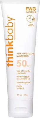 4. Thinkbaby SPF 50+ Baby Mineral Sunscreen â€" Safe, Natural Sunblock for Babies - Water Resistant Sun Cream â€" Broad Spectrum UVA/UVB Sun Protection â€" Vegan Baby Sunscreen Lotion, 3 Oz.