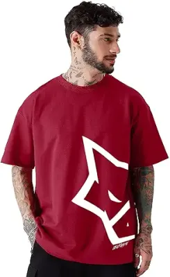 1. LEOTUDE Men's Short Sleeve with Round Neck, Oversized Longline Drop Shoulder, Very Trendy Printed, Boho Style T-Shirt | Maroon Color