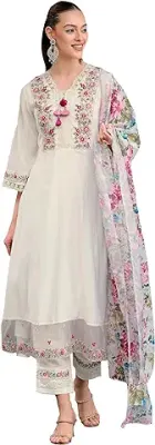 11. INDO ERA Women's Silk Blend Embroidered A-Line Kurta Pant With Dupatta Set