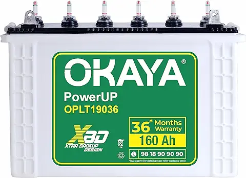 12. OKAYA PowerUP OPLT19036 160Ah Inverter Battery with All New XBD Technology and CBH Declaration for Home, Office & Shops | Longer Life & Extra Backup | Long Tubular | 36 Months Total Warranty