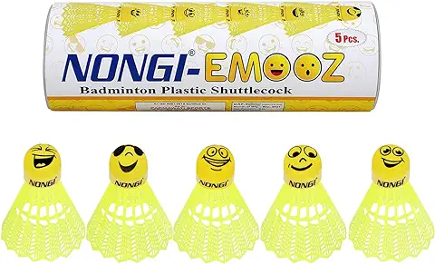 15. NONGI Emoz Plastic Badminton Shuttlecocks with Yellow Printed Cork for High Visibility Ideal for Indoor and Outdoor Badminton, Fitness, and Recreational Activities Medium Speed Pack of 5 Shuttles