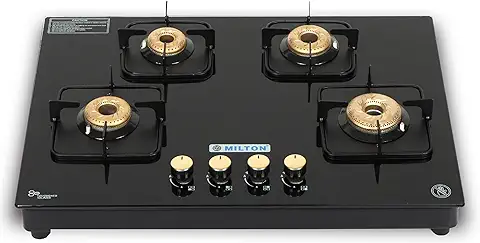 5. MILTON Champion Pro Gas Stove 4 Burner Auto Ignition - High-Powered Forged Brass Burner Hobtop, Sleek Metal Knobs, 4 Robust Pan Supports, 8MM Glass, 1-Year Manufacturer's Warranty, ISI Certified-Black