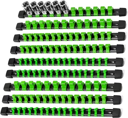 2. Socket Organizer Drive ABS Tools - Green Socket Holder, Premium Quality 9 Pieces Socket Holders Kit 1/4-Inch x 48 Clips, 3/8-Inch x 45 Clips, 1/2-Inch x 36 Clip（9PC,Green)