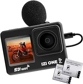 4. IZI New ONE+ 5K/30FPS 48MP Action Camera 6-Axis Gyro Stabilization,110ft Waterproof, Vlog,170 FOV, WiFi, Dual Screen Video Camera, 2X 1350mAh Battery, Fast C-Type Charge, HQ External Mic Included
