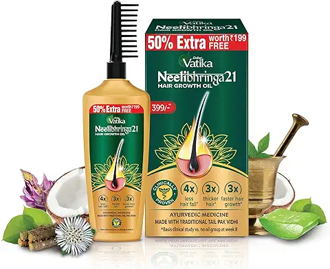 4. DABUR Vatika Neelibhringa 21 Hair Growth Oil - (100Ml+ 50Ml Extra Free) | 14 Ayurvedic Herbs | Ayurvedic Medicine | 4X Less Hairfall | 3X Thicker Hair | 21 Hair Benefits| With Ergnomic Comb Applicator