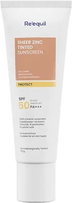 1. RE' EQUIL Sheer Zinc Tinted Sunscreen, 100% Mineral-Based Sunscreen UVA, UBV, & IR Protection, Water Resistant With SPF 50 PA+++ For All Skin Types, 50g