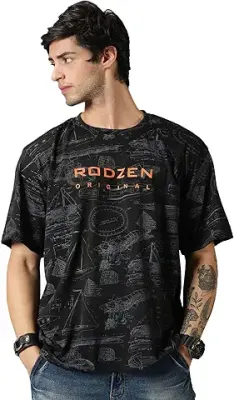 15. RodZen Men's Cottonblend Round Neck Oversized All Over Printed T-Shirt