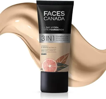 15. FACES CANADA All Day Hydra Matte Foundation | 3-in-1 Foundation + Moisturizer + SPF 30 | 24 HR Aloe Hydration & Vitamin C | 10HR Long Wear | Medium to High Buildable Coverage | Absolute Ivory 012 | 25ml
