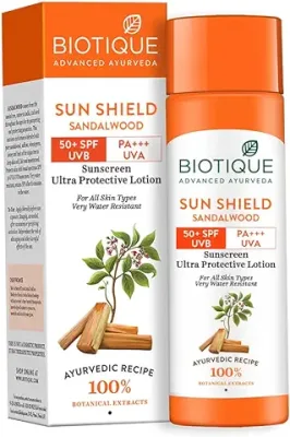 12. Biotique Bio Sandalwood Sunscreen Ultra Soothing Face Lotion, SPF 50+ |Ultra Protective Lotion| Keeps Skin Soft, Fair and Moisturized| Water Resistant| For All Skin Types| 120ml