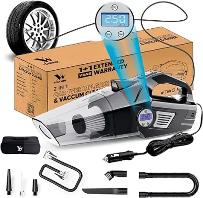 9. YEARWIN 4 in1 Car Vacuum Cleaner with Tyre Inflator DC12V High Power 7000PA Handheld Car Vacuum LED Light, 4.2M Power Cord, for Wet/Dry Use, Black
