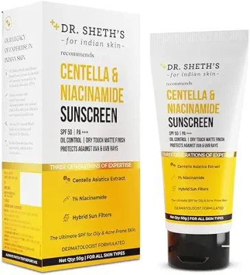 7. Dr. Sheth's Centella & Niacinamide Sunscreen Spf 50 Pa+++ For Oily & Acne-Prone Skin, Sweatproof, Water-Resistant, Dry Touch, Matte Controls Excess Oil, Protects Against Uva & Uvb Rays For Unisex, 50g