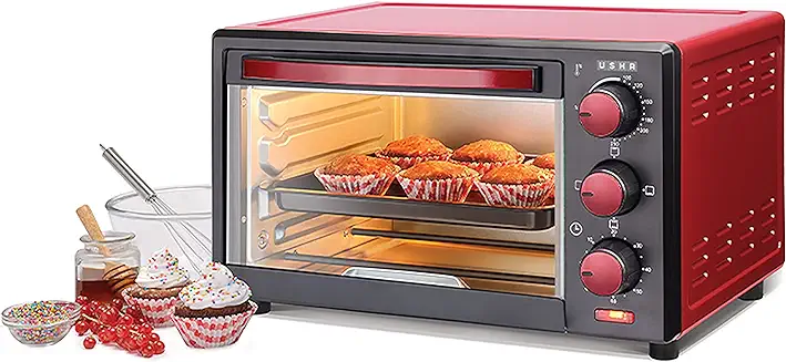 12. Usha 3716 16 Liters Oven Toaster Grill with 5 Accessories,1200 Watts, 3 mode Heating Function(Maroon)