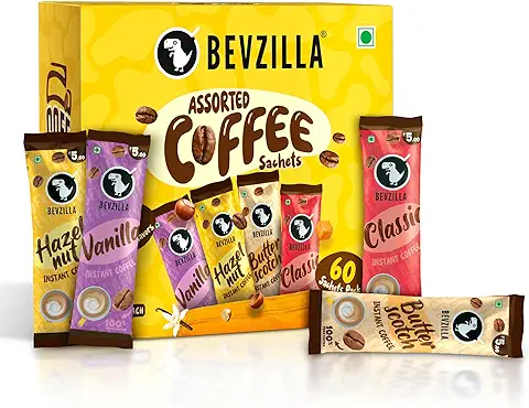 8. Bevzilla 60 Instant Coffee Powder Sachets(4 Flavours) - 120 Grams | Turkish Hazelnut, Colombian Gold, French Vanilla & English Butterscotch | 15 Sachets Each Flavour| Makes 60 Cups| 100 % Arabica Coffee| Strong Coffee
