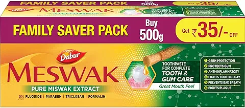 7. Dabur Meswak Complete Oral Care Toothpaste - 500g (2 x 200g + 1 x100g) | Complete Oral & Gum Care Toothpaste | Contains Pure & Rare Miswak extract | No added Fluoride, Paraben, Triclosan & Formalin