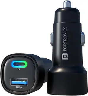 3. Portronics Dual Output Fast Car Charger with 30W Type-C PD & 30W USB