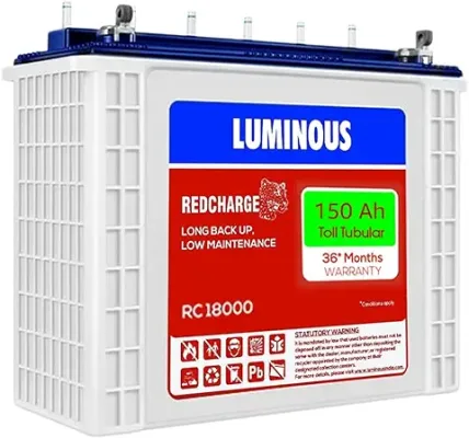 2. Luminous Red Charge RC 18000 150 Ah, Recyclable Tall Tubular Inverter Battery for Home, Office & Shops (Blue & White)
