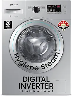 10. Samsung 7 kg, 5 star, Hygiene Steam with Inbuilt Heater, Digital Inverter, Fully-Automatic Front Load Washing Machine (WW70R20GLSS/TL, DA SILVER)