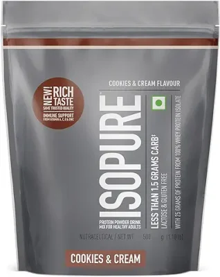 14. Isopure 100% Whey Isolate Protein- 1.10 lbs(500 gm) Cookies & Cream, With Vitamins for Immune support, Lactose & Gluten-Free, Vegetarian protein for Men & Women.