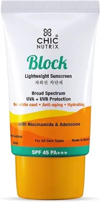 13. Chicnutrix Block - Korean Water-Resistant Sunscreen SPF 45 & PA+++ with Niacinamide and Adenosine | No White Cast & Non-Greasy | Made in Korea for Indian Skin | Suitable for All Skin Types, 35ml