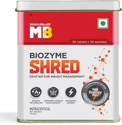 15. MuscleBlaze Biozyme Shred, 90 Tablets, with Thermogenic, Metabolism, Weight Management, Carbohydrate Blocker and Diuretic Blends & MB Energy Pro | Supports Weight Management & Boosts Metabolism