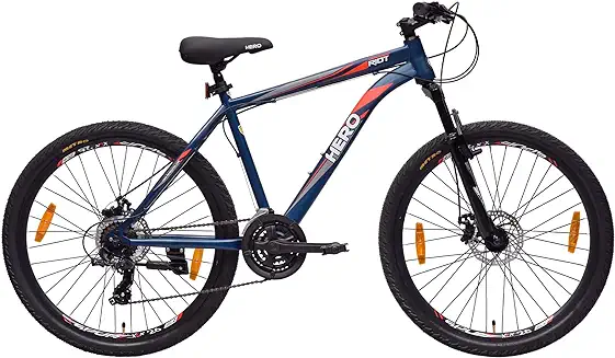 8. Hero Sprint Riot 26T MTB Geared Cycle| 21 Speed Shimano Gears with Dual Disc | Front-Suspension | Multi-Speed |Navy Blue | Ideal Age 12+ Years for Men and Women | Unisex