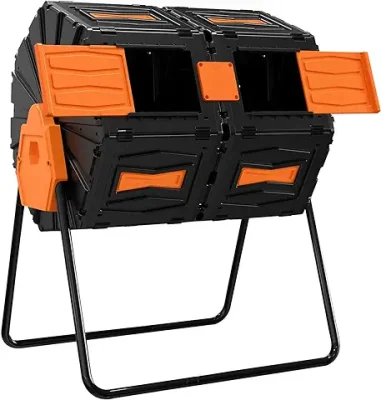 5. Compost Tumbler, Easy Assemble & Efficient Outdoor Compost Bin, 45 Gallon/170 Liter Large Dual Chamber Rotating Composter for Garden, Kitchen, and Yard Waste, Orange Door