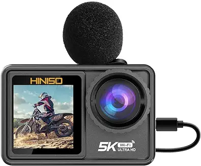 3. HINISO 5K Action Camera 24M Touchscreen WiFi Waterproof Camera with Dual Screen, EIS, IMX386 Sensor, Remote Control, 131 Feet Underwater Camera with External Mic & 3 Battery (AT-S81TR)