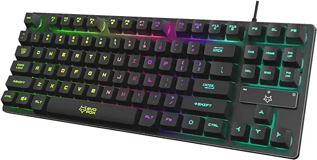 7. EvoFox Fireblade Wired TKL Gaming Keyboard with Breathing Effect |Backlit Keyboard Membrane | Mixed Color Lighting | Floating Keycaps |19 Anti-Ghosting Keys | Windows Lock Key | Braided cable |(Black)