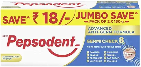 12. Pepsodent Germicheck 300g (150g x 2, Pack of 2) 8 Actions, Whole Mouth Cavity Protection Plaque Removal Toothpaste With Anti-Germ Formula, Clove And Neem Oil, Jumbo Save Pack