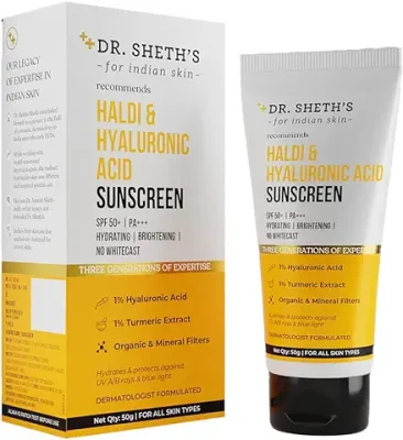 7. Dr. Sheth's Haldi & Hyaluronic Acid Sunscreen with 1% Hyaluronic Acid & 1% Turmeric Extract | Spf 50+ | PA+++ | Hydrating & Brightening | Protects against UVA/UVB & Blue light | For Women & Men -50g