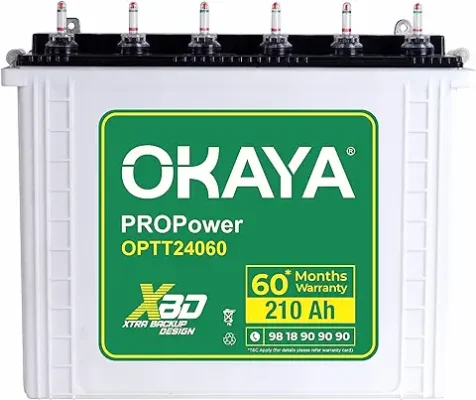 14. OKAYA PRO Power OPTT24060 210Ah Inverter Battery with All New XBD Technology and CBH Declaration for Home, Office & Shops | Longer Life & Extra Backup | Tall Tubular | 60 Months Total Warranty