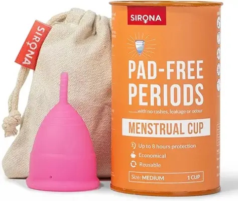 1. Sirona Reusable Menstrual Cup for Women | Medium Size with Pouch | Ultra Soft, Odour & Rash Free|100% Medical Grade Silicone|No Leakage|Protection for Up to 8-10 Hours | US FDA Registered,Pack of 1