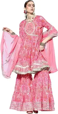 6. ishin Women's Cotton Anarkali Embroidered Gotta Patti Kurta suit set With Dupatta & Sharara