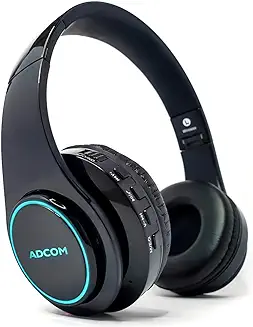 10. Adcom Luminosa - Wireless Bluetooth Over-Ear Stereo Headphone with RGB LED Lights, 15 Hours Battery Life, Passive Noise Cancellation, Built in Mic, and Equalizer Function (Black)