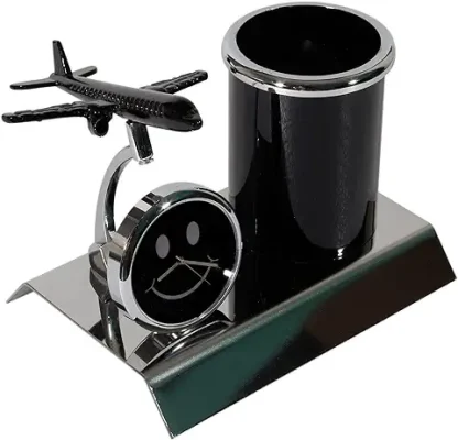 11. ZAHEPA Aeroplane Miniature Metal Pen Stand with Clock