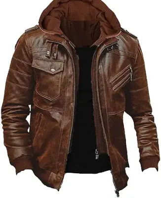 15. Luis Leather Men's Lambskin Leather Zipper Front Hoodie Jacket Leather Jacket Detachable Hood