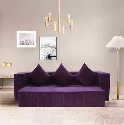 11. Seventh Heaven Chenille Molfino Fabric, 3 Seater Low Floor Sofa Cum Bed - 72x44x10 inches - with 3 Cushions, 2 Year Warranty (3 Seater) (Purple) 3-Person Sofa
