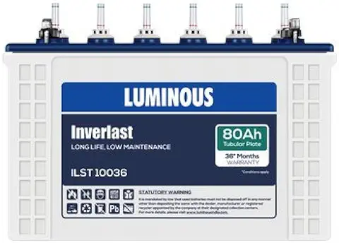 9. Luminous Inverlast ILST 10036 80 Ah Short Tabular Inverter Battery for Home, Office & Shops