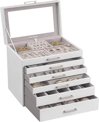4. SONGMICS Jewelry Box, 6-Tier Jewelry Organizer, Large Jewelry Case with Big Mirror, 5 Drawers, Large Capacity, Jewelry Storage, Modern Style, Gift for Loved Ones, White UJBC138