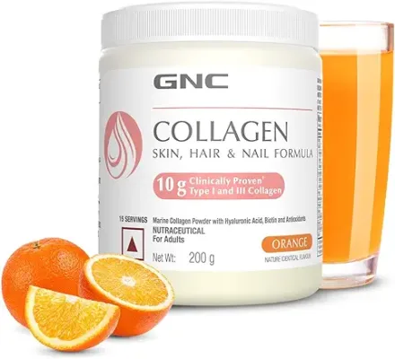 6. GNC Marine Collagen | India's Only 10 Gm Clinically Proven Collagen | 200 gm | For Radiant & Youthful Skin | Reduces Fine Lines & Wrinkles | Added Hyaluronic Acid, Biotin & Vitamin C| For Healthy Skin, Hair & Nails | Formulated In USA | Orange Flavour