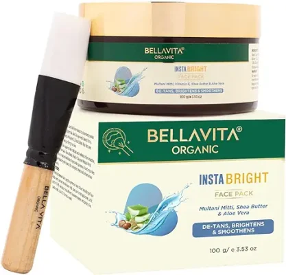 1. Bella Vita Organic INSTABRIGHT Face Pack for DeTan, Glowing Skin, Oil Control, Acne, Pimples, Blemishes, Pigmentation & Skin Brightening, 100 gm