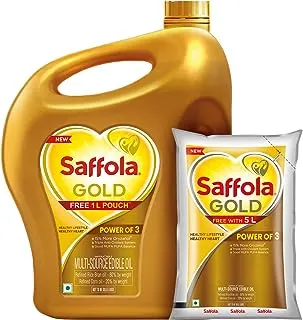 Saffola Gold Refined Oil|Blend of Rice Bran oil & Corn oil|Cooking oil|Pro Healthy Lifestyle Edible Oil 5L Jar + 1 L Pouch