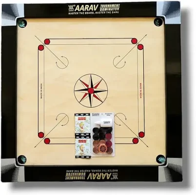 9. AARAV Tournament Carrom Board Full Size 36 Inch with 3 Inch Border 6 mm Ply Extra Smooth with Sunny Coins Set and Boric Powder for Adults
