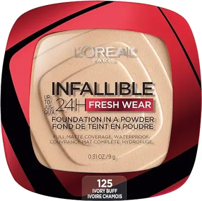 3. L'Oreal Paris Makeup Infallible Fresh Wear Foundation in a Powder, Up to 24H Wear, Waterproof, Ivory Buff, 0.31 oz.