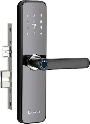 3. LAVNA Smart Door Lock LA28 with Bluetooth Mobile App, Fingerprint, PIN, OTP, RFID Card and Manual Key Access for Wooden Doors (Black) Polished Finish, Alloy Steel