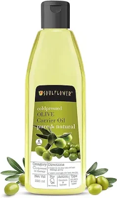 4. Soulflower Olive Hair Oil, Hair Growth, Skin, Face Massage, Nourishment & Moisturization, Fine Lines & Wrinkles, Strengthen Hair Roots, 100% Pure, Natural & Cold-Pressed, Olive Fruit, Vitamin E, 225ml