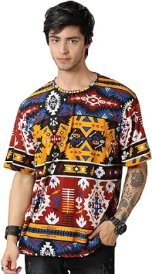 6. RodZen Cotton Blend Round Neck Half Sleeve Sanganeri Printed Mens and Boy Oversized T-Shirt