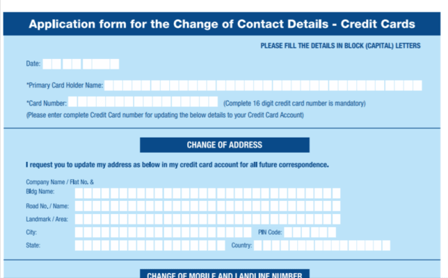 HDFC Credit Card Change of Contact Details Form