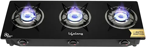 9. Lifelong LLGS803 Auto Ignition, High Efficiency 3 Burner Gas Stove with Toughened Glass Top, ISI Certified, Automatic Ignition, For LPG Use Only (Black)