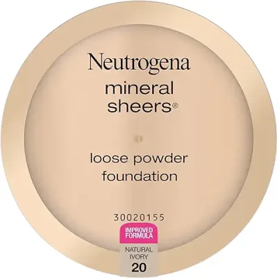 2. Neutrogena Mineral Sheers Lightweight Loose Powder Makeup Foundation with Vitamins A, C, & E, Sheer to Medium Buildable Coverage, Skin Tone Enhancer, Face Redness Reducer, Natural Ivory 20,.19 oz